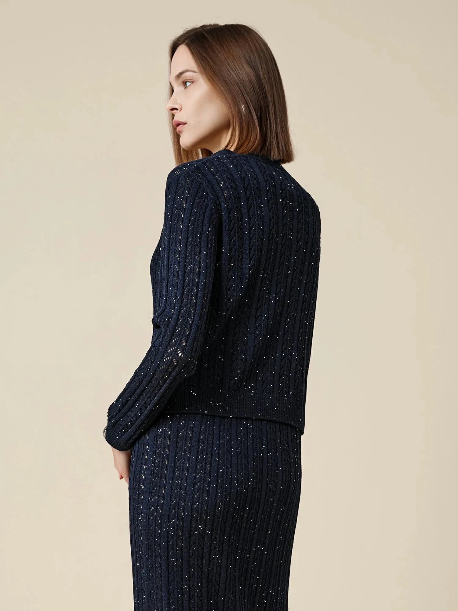 Amoretu Lyocell & Linen Openwork Sequin Knitted Cardigan sold by Amoretu product image thumbnail 4