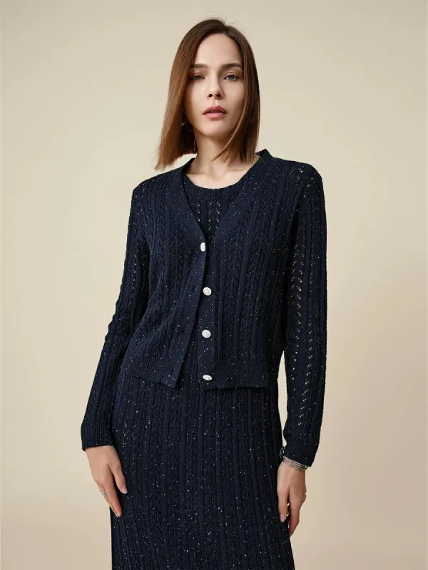 Amoretu Lyocell & Linen Openwork Sequin Knitted Cardigan sold by Amoretu