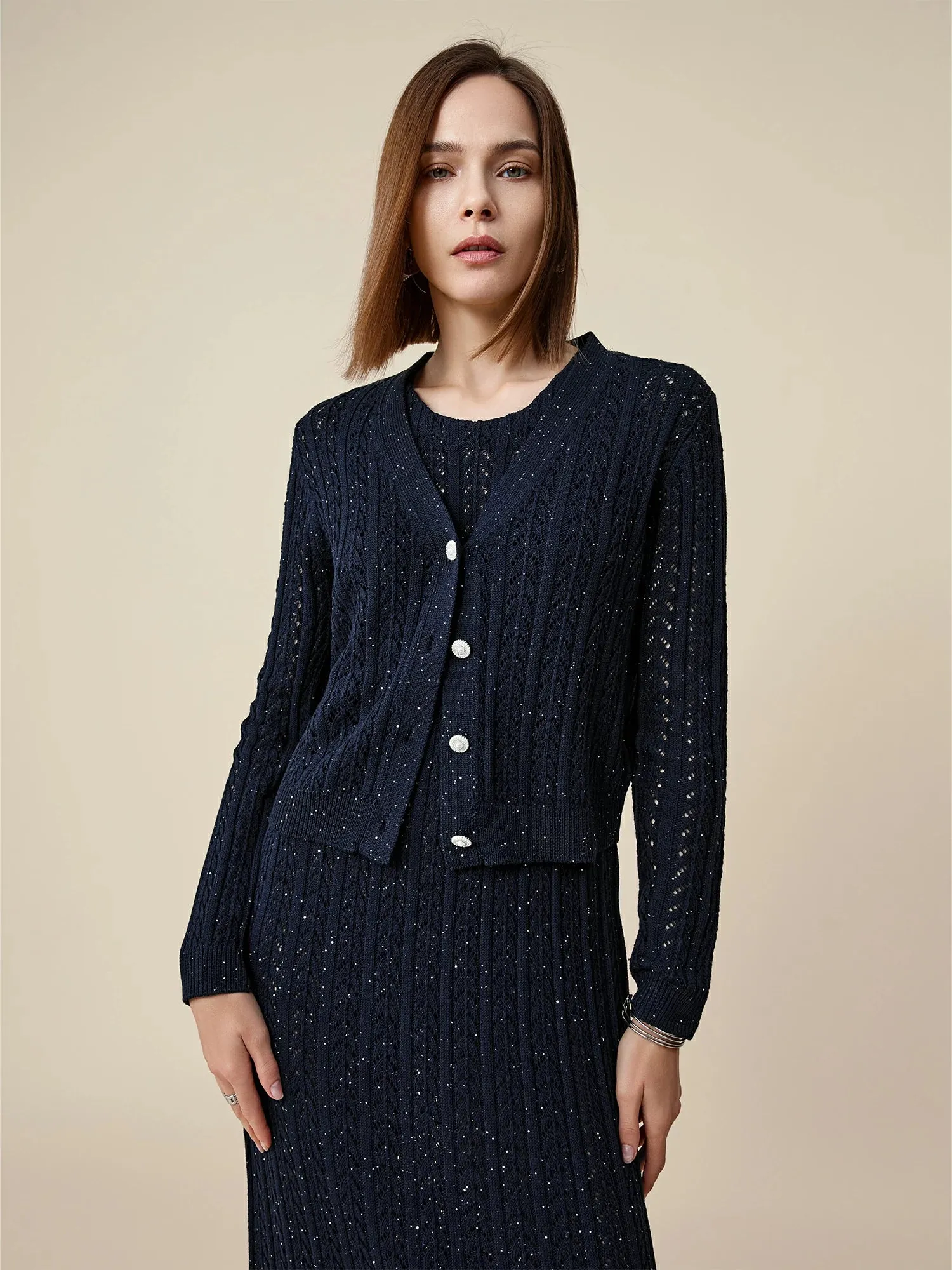 Amoretu Lyocell & Linen Openwork Sequin Knitted Cardigan sold by Amoretu