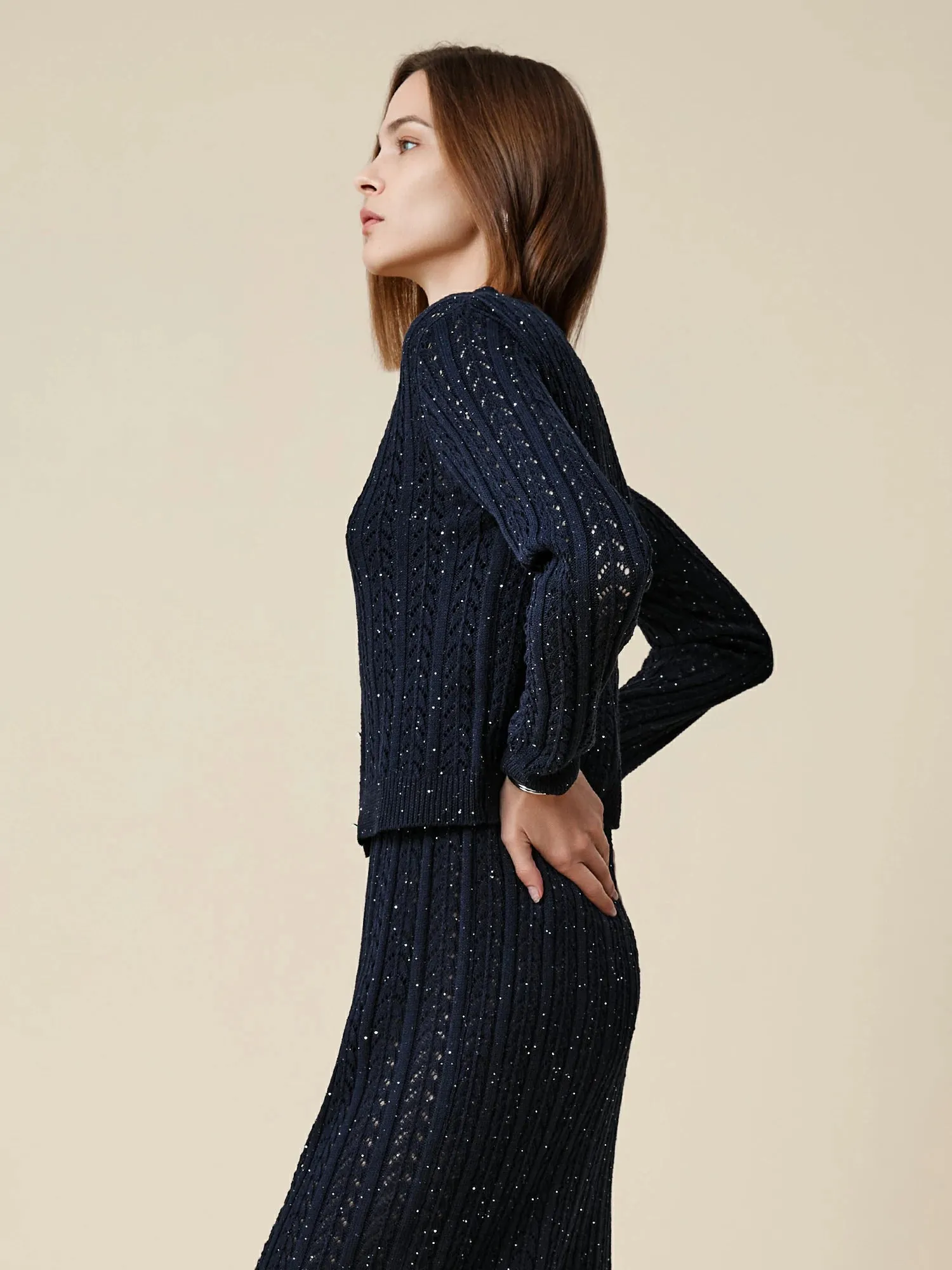 Amoretu Lyocell & Linen Openwork Sequin Knitted Cardigan sold by Amoretu product image thumbnail 3