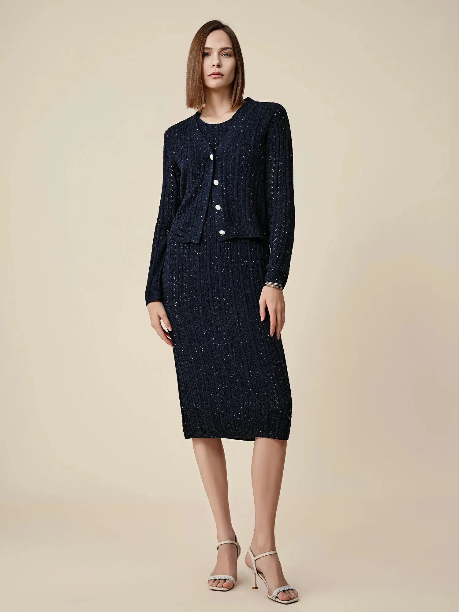 Amoretu Lyocell & Linen Openwork Sequin Knitted Cardigan sold by Amoretu product image thumbnail 2