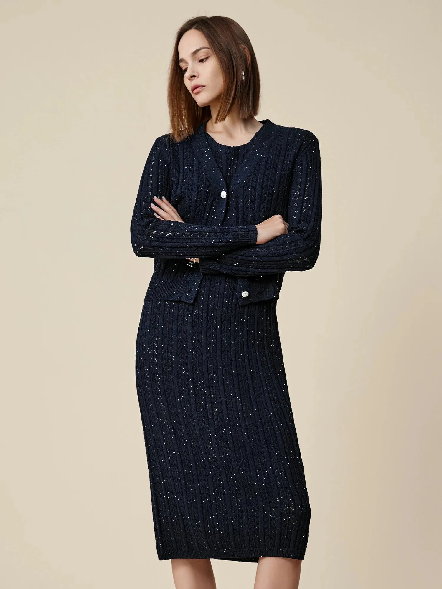 Amoretu Lyocell & Linen Openwork Sequin Knitted Cardigan sold by Amoretu product image thumbnail 5