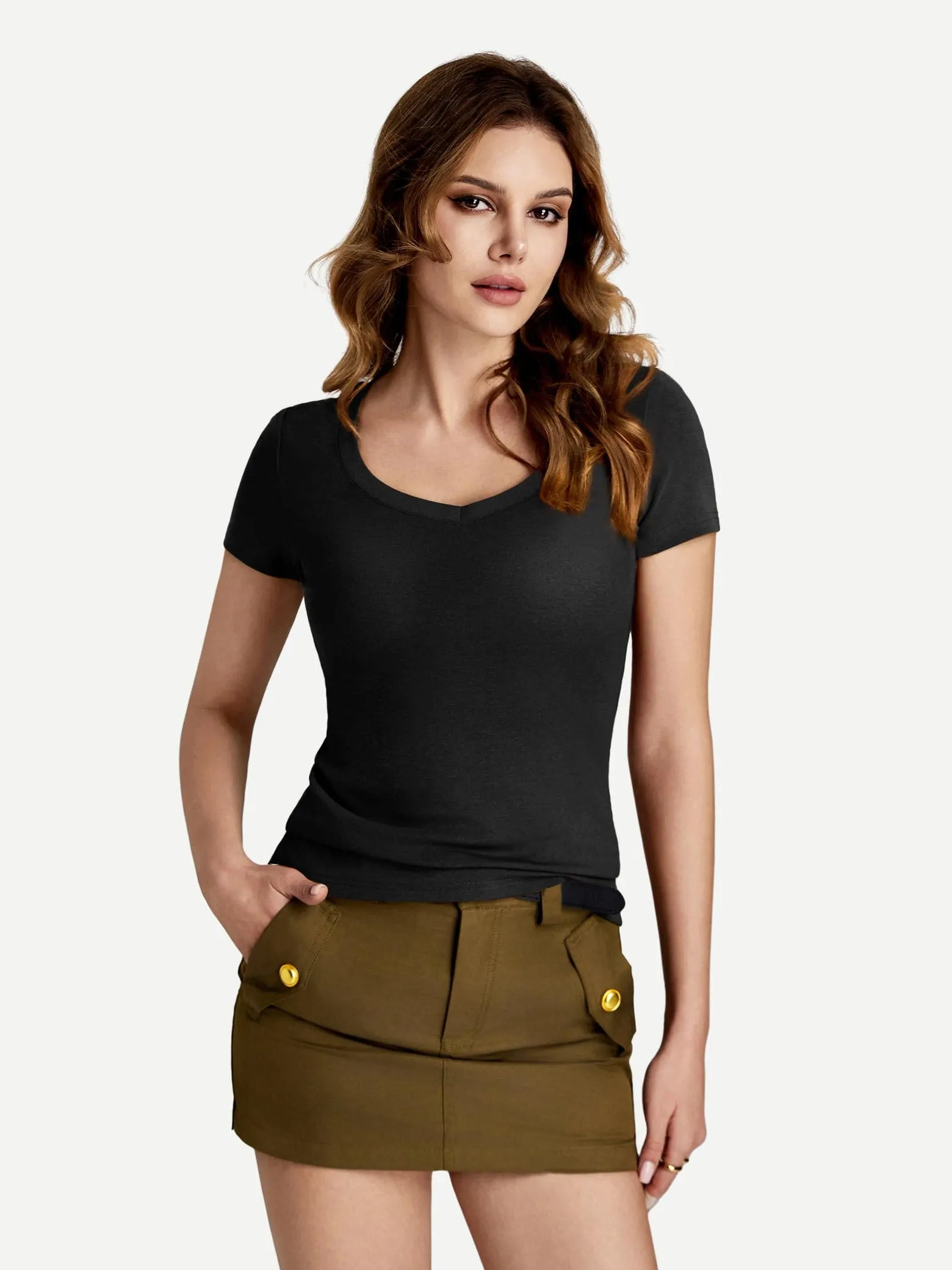 Amoretu Women's U Neck Short Sleeve Casual Basic Slim Fitted Tee Shirt Top sold by Amoretu product image thumbnail 4