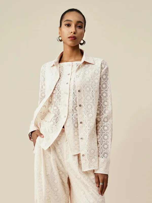 Amoretu Lapel Embroidered Lace Blouse sold by Amoretu