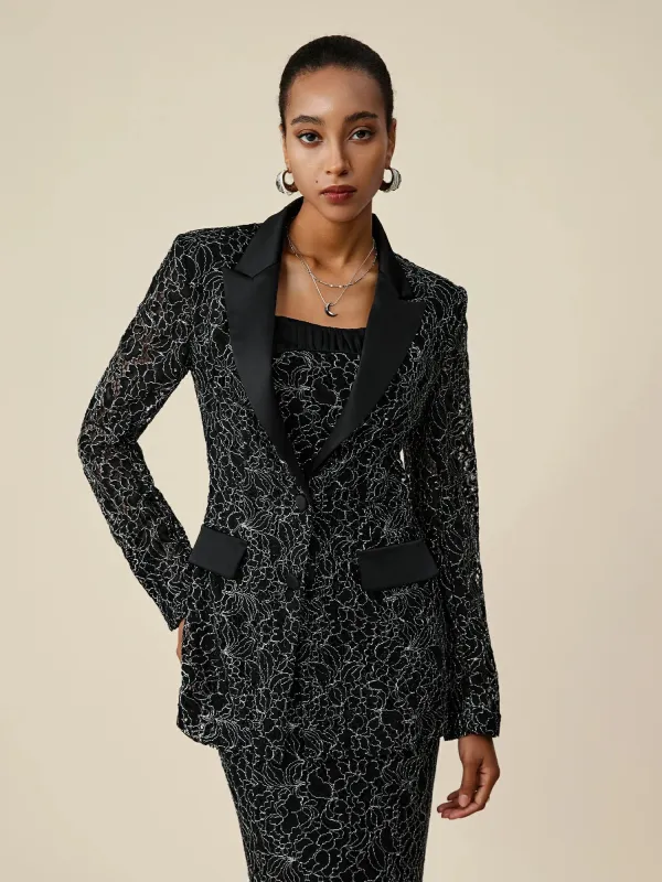 Amoretu Peak Lapel Long Sleeve Silver Metallic Lace Blazer sold by Amoretu