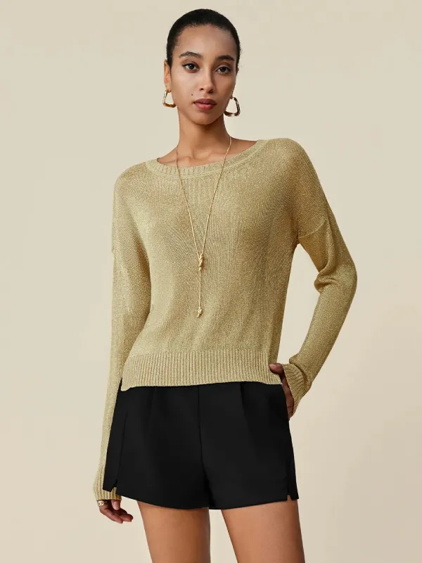 Amoretu Gold Silver Yarn Round Neck Long Sleeve Knit Top sold by Amoretu