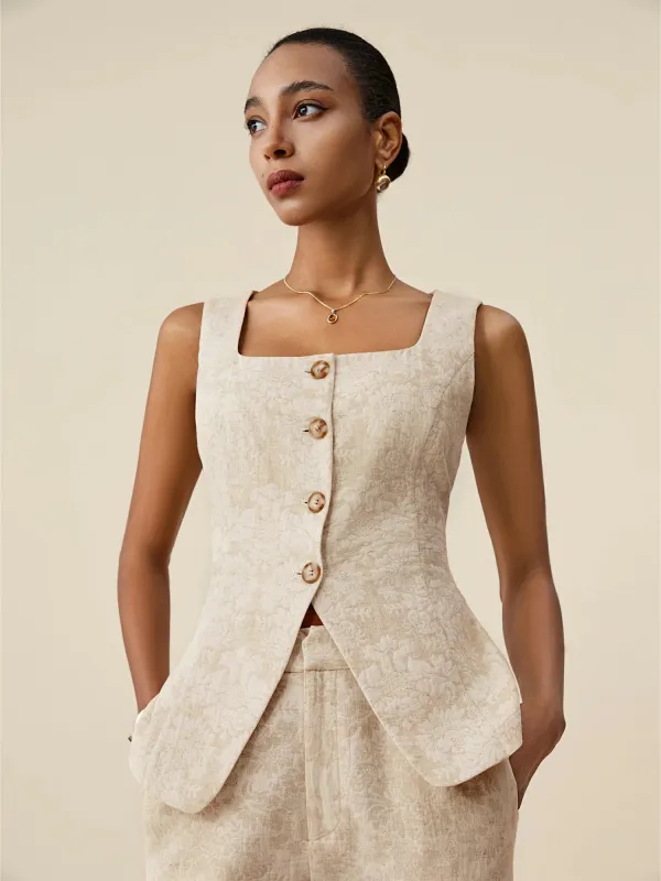 Amoretu Cotton & Linen Square Collar Jacquard Vest sold by Amoretu