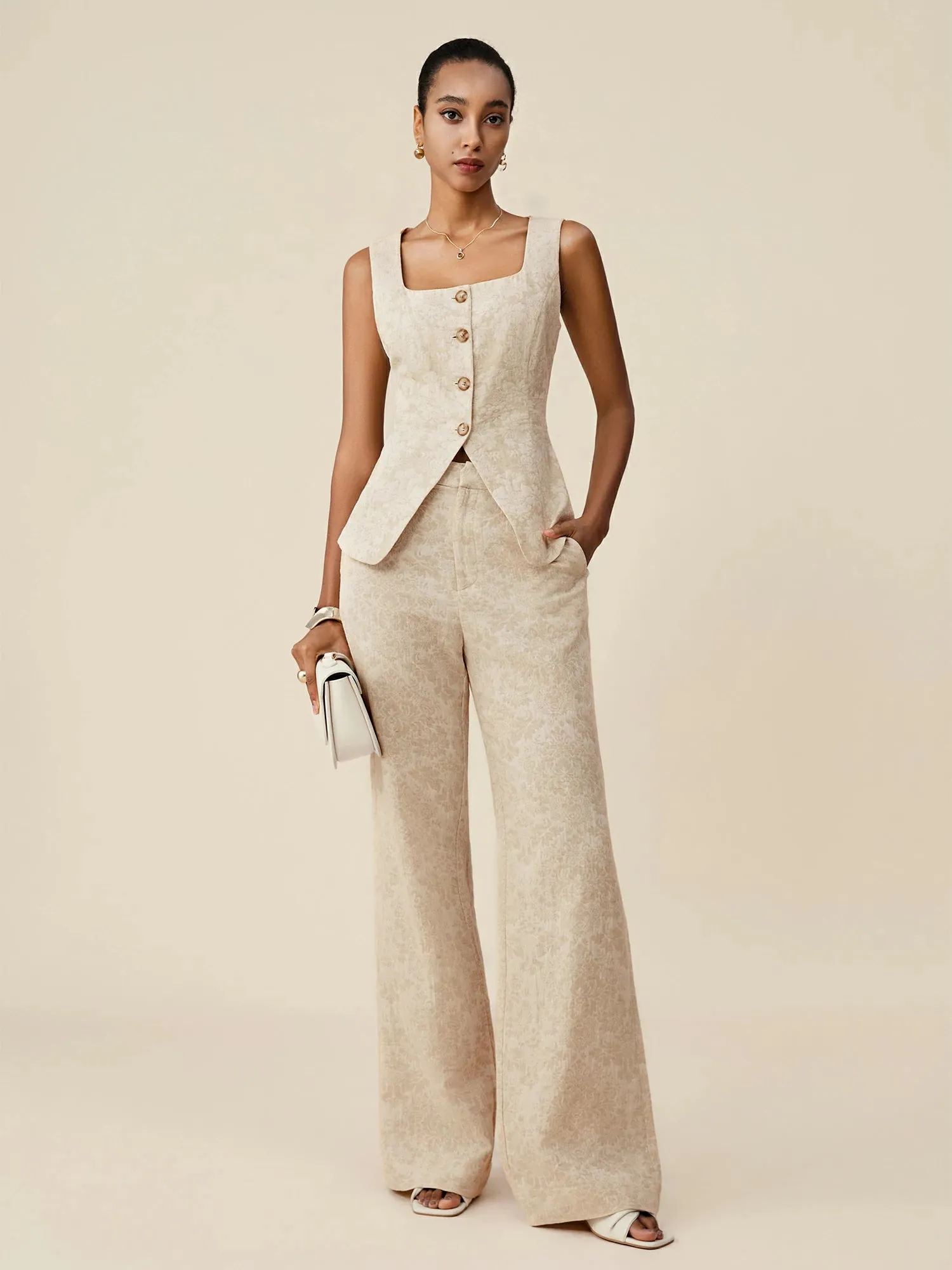 Amoretu Cotton & Linen Square Collar Jacquard Vest sold by Amoretu product image thumbnail 2