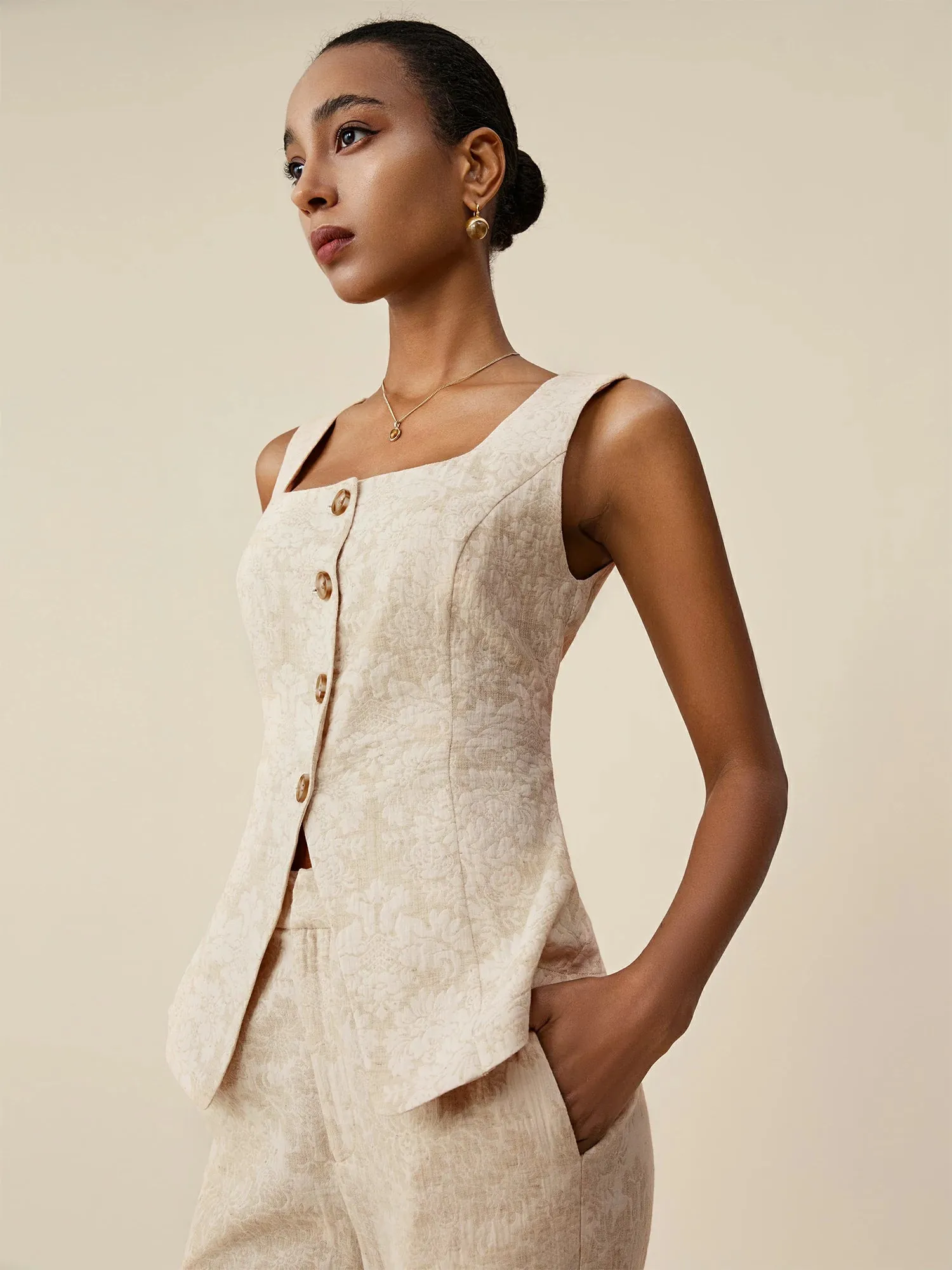 Amoretu Cotton & Linen Square Collar Jacquard Vest sold by Amoretu product image thumbnail 4