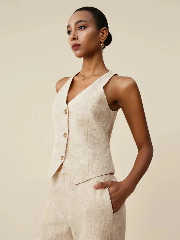 Amoretu Cotton & Linen V-Neck Jacquard Vest made by Amoretu