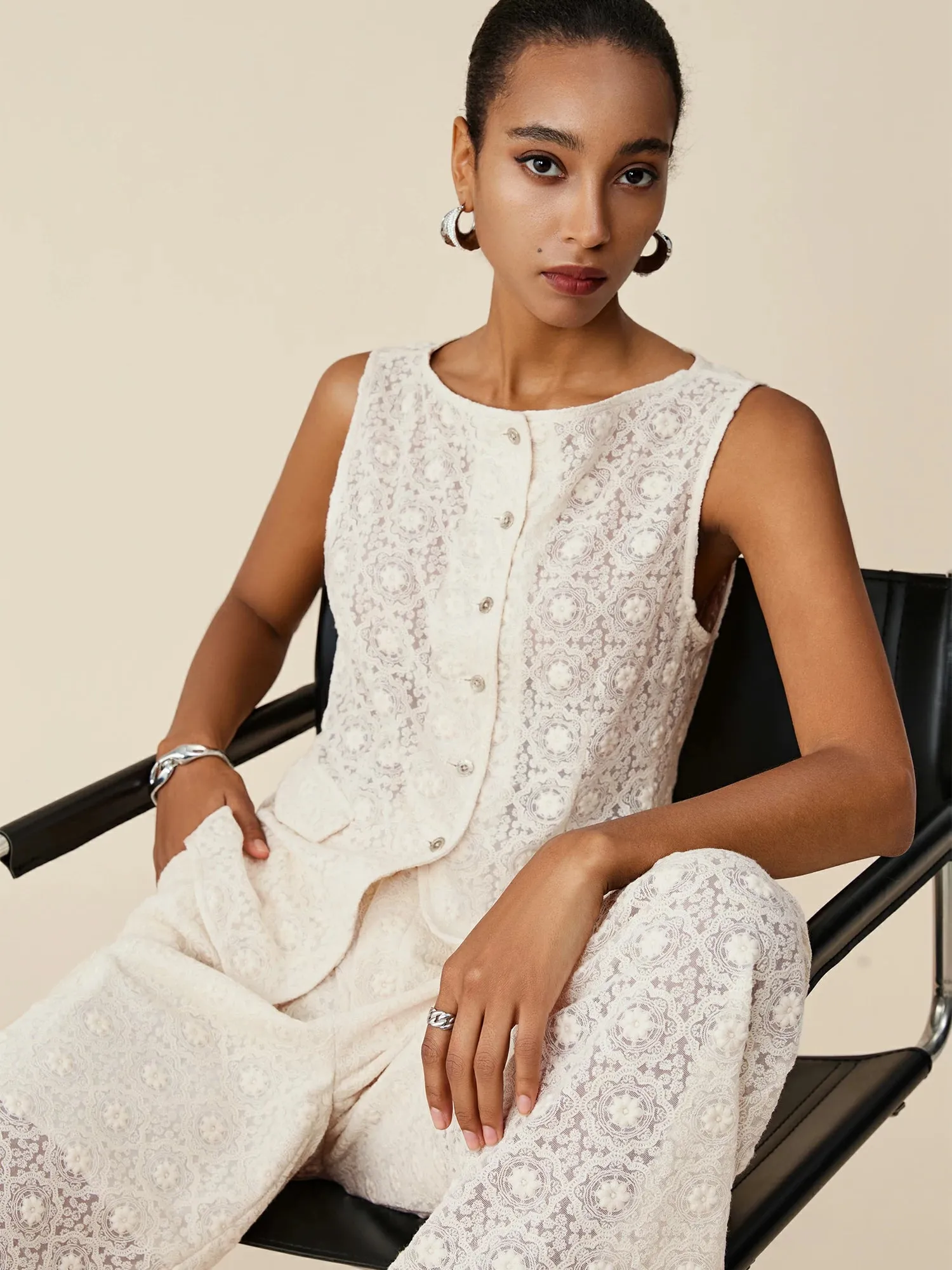 Amoretu 50% Cotton Boat Neck Embroidered Lace Vest sold by Amoretu product image thumbnail 5