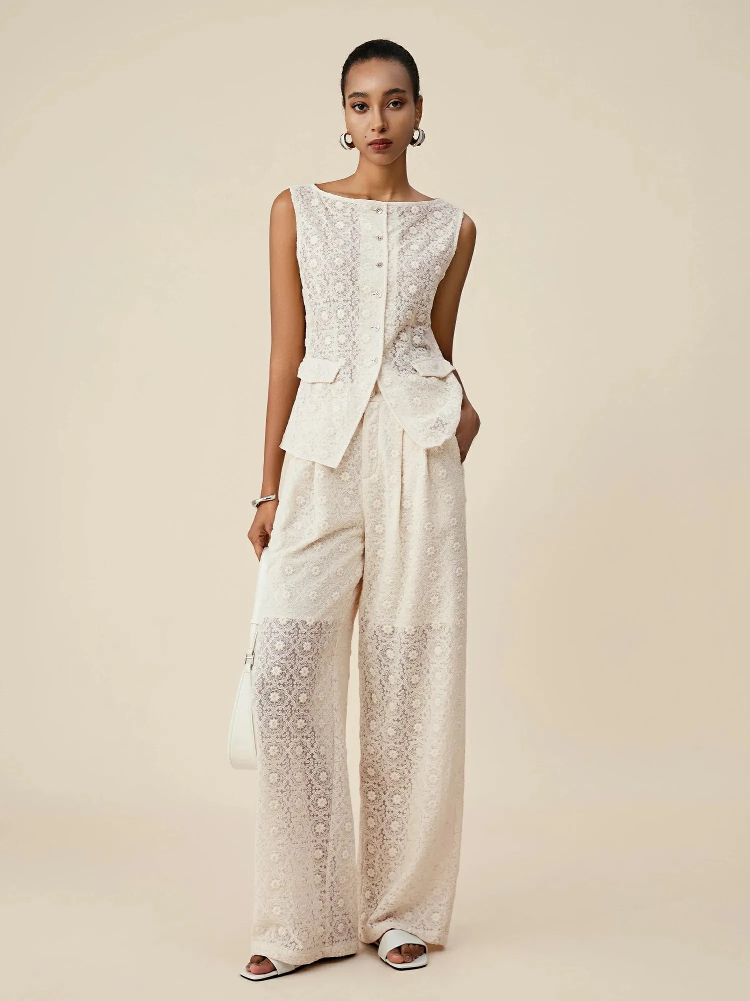 Amoretu 50% Cotton Boat Neck Embroidered Lace Vest sold by Amoretu product image thumbnail 2