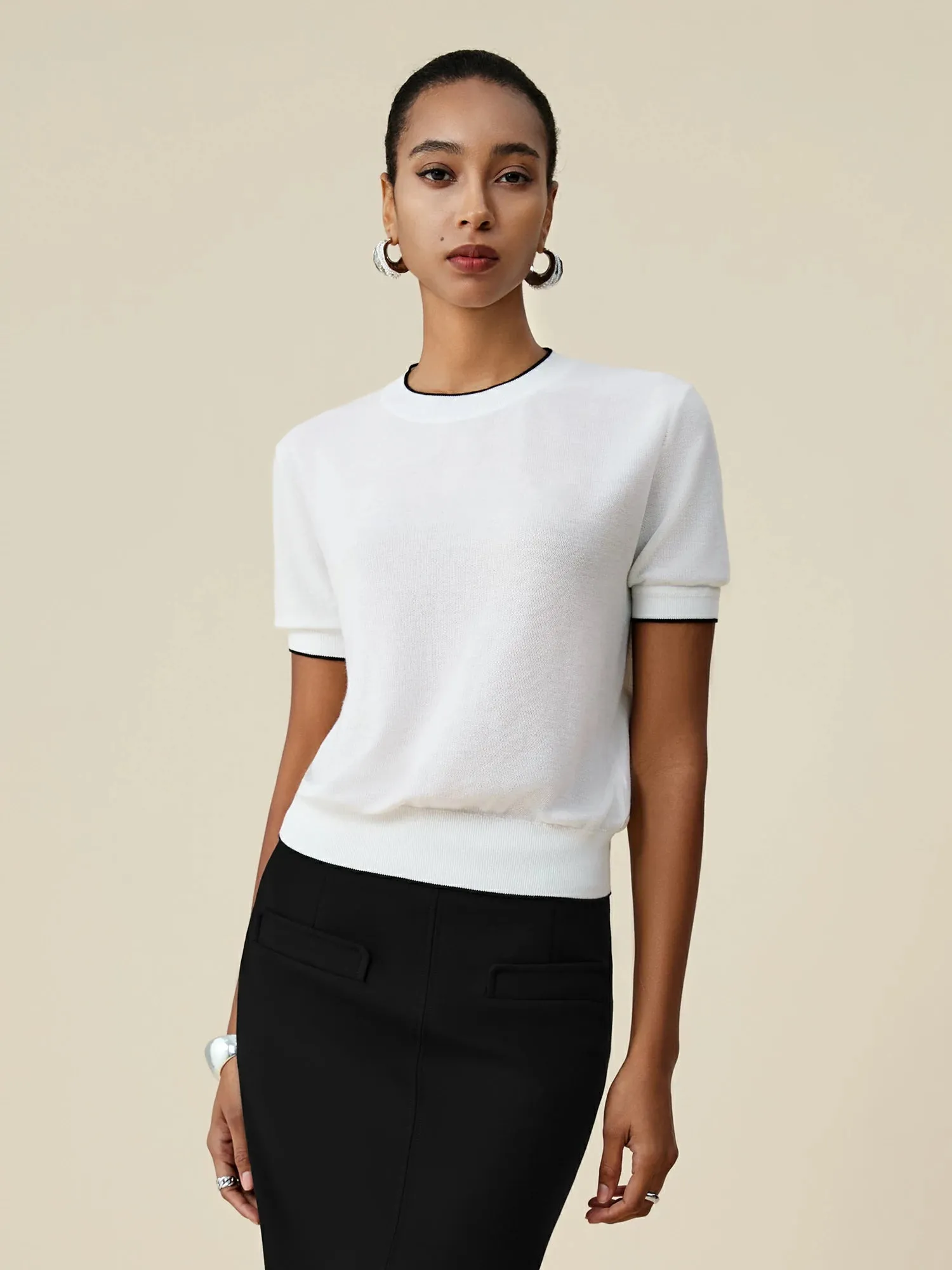 Amoretu Tencel Round Neck Contrast Trim Top sold by Amoretu