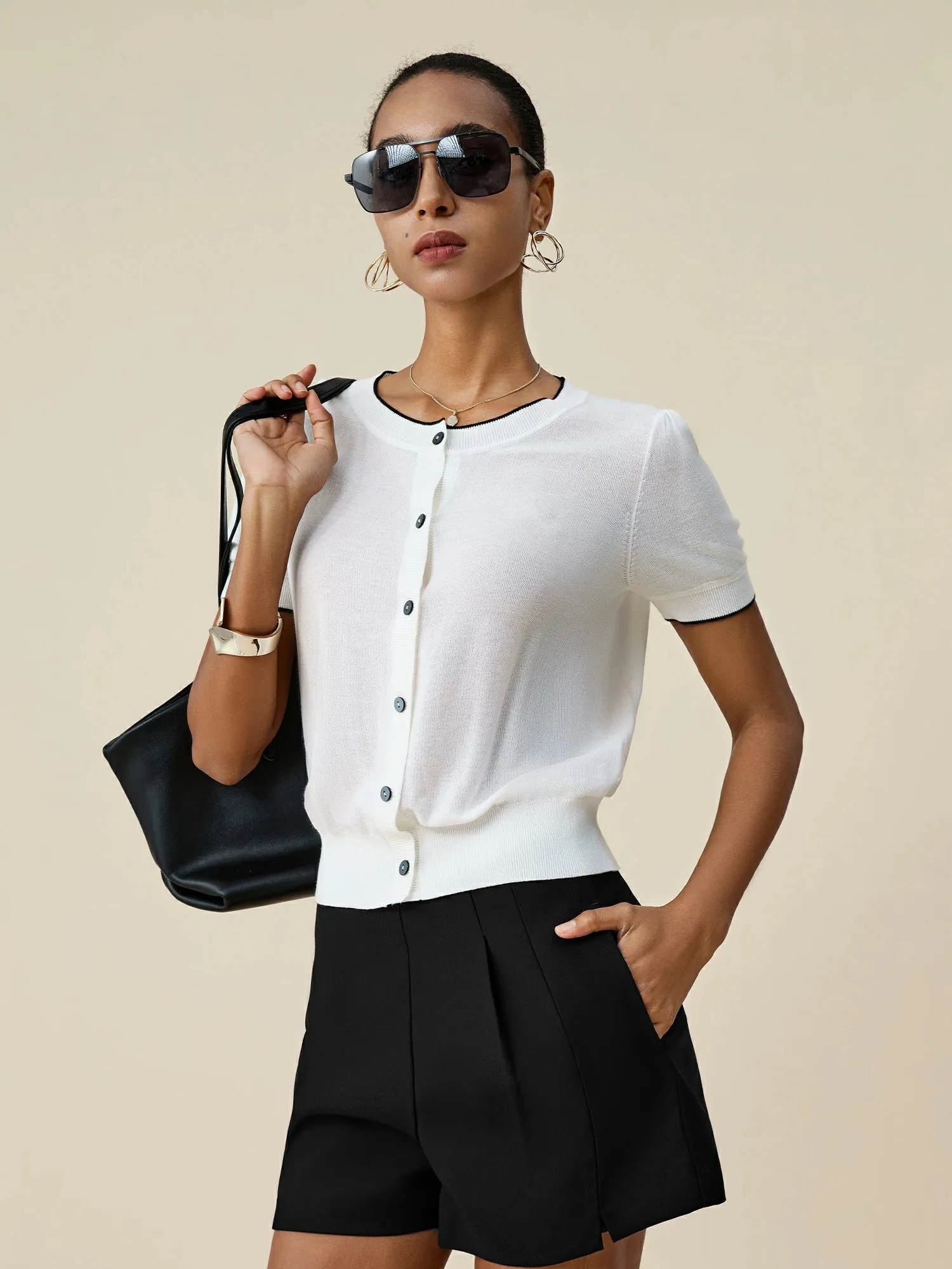 Amoretu Tencel Round Neck Contrast Cardigan sold by Amoretu