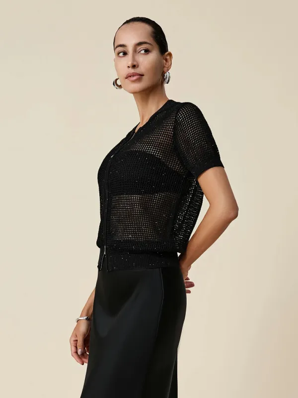 Lyocell & Linen Baseball Collar Sequin Cardigan sold by Amoretu