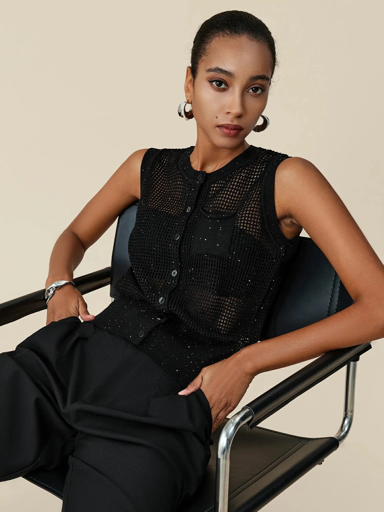 Amoretu Lyocell & Linen Hollow Sequin Vest sold by Amoretu