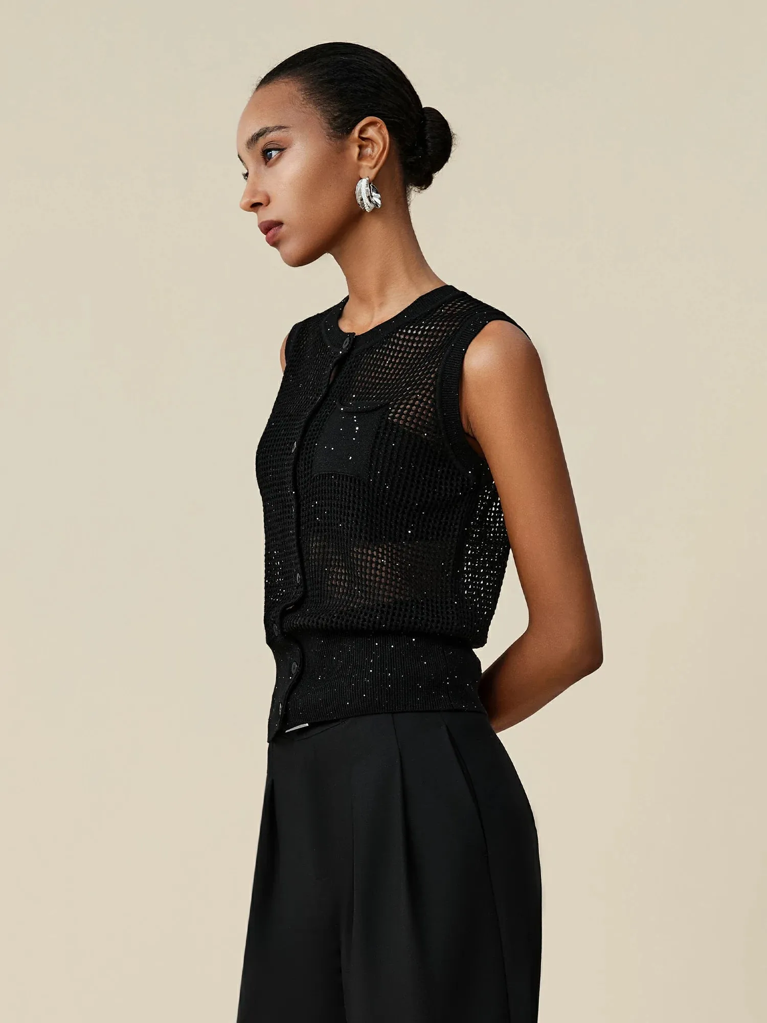 Amoretu Lyocell & Linen Hollow Sequin Vest sold by Amoretu product image thumbnail 3