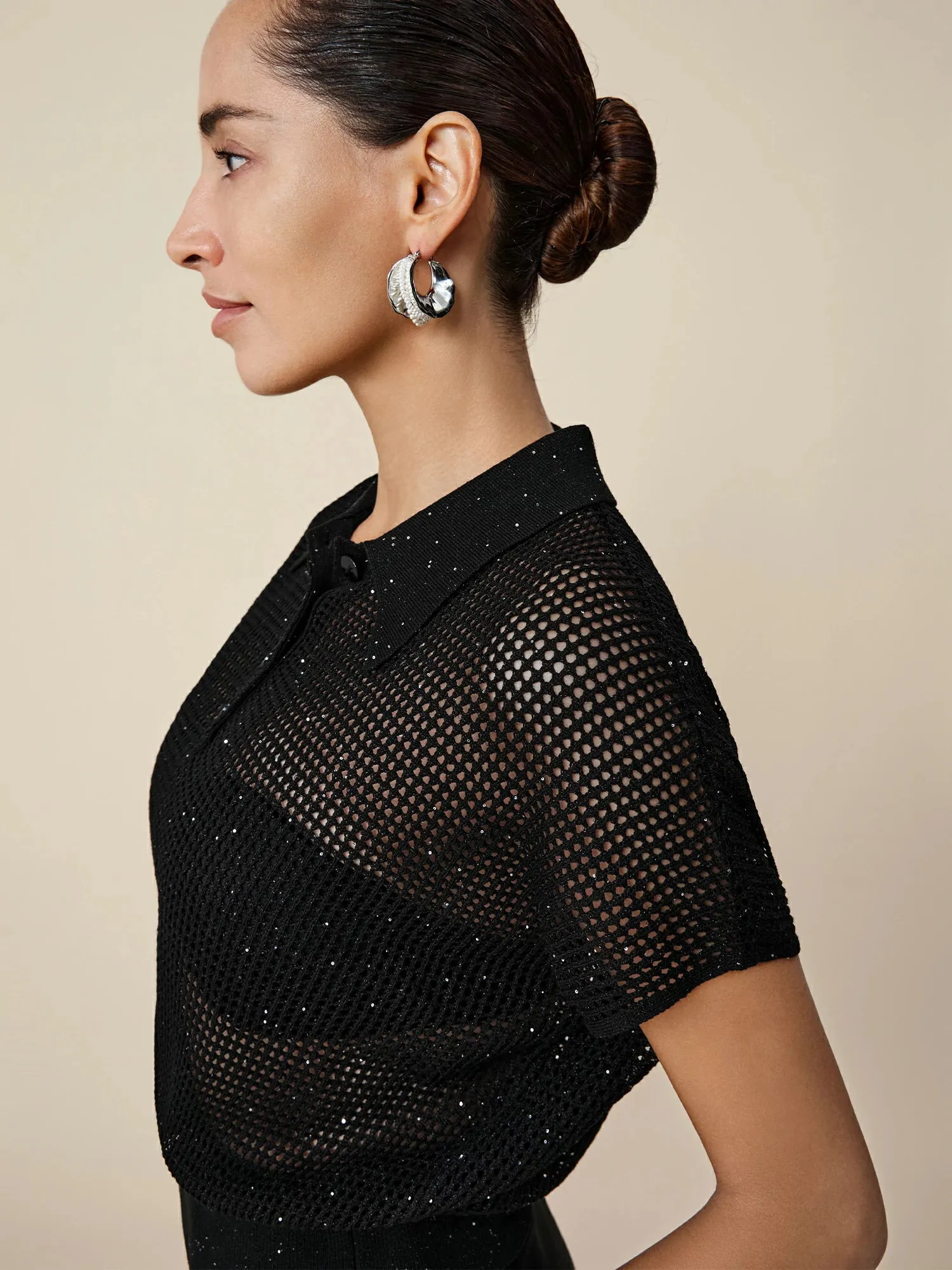 Amoretu Lyocell & Linen Polo Neck Sequin Hollow Shirt sold by Amoretu product image thumbnail 5