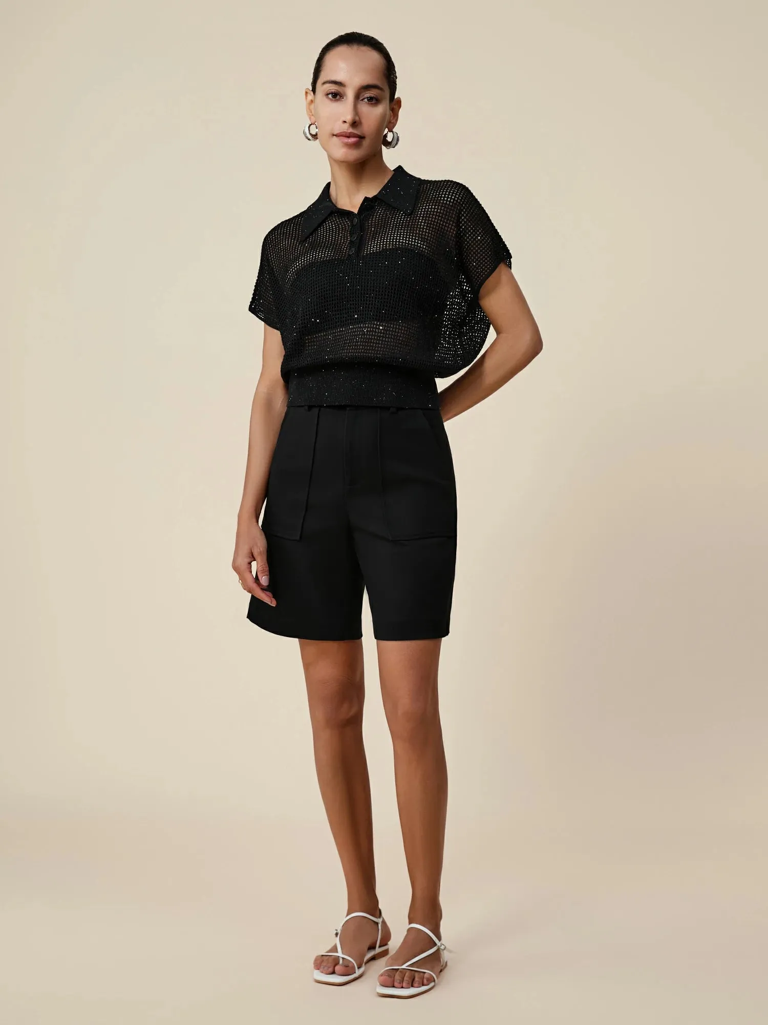 Amoretu Lyocell & Linen Polo Neck Sequin Hollow Shirt sold by Amoretu product image thumbnail 2