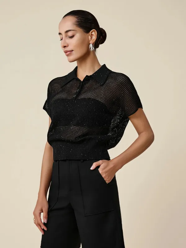 Amoretu Lyocell & Linen Polo Neck Sequin Hollow Shirt sold by Amoretu