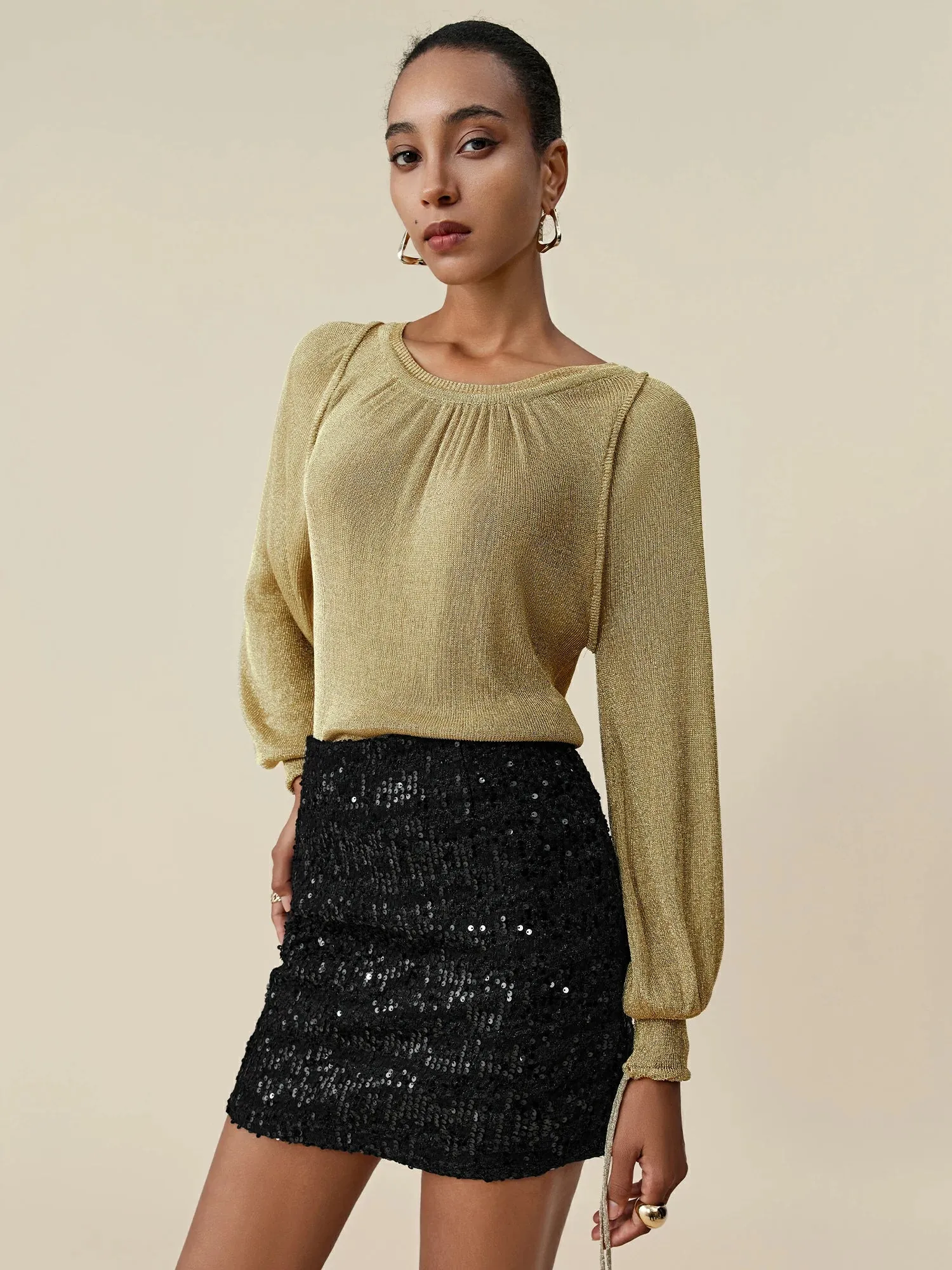 Amoretu Round Neck Long Sleeve Drawstring Glitter Top sold by Amoretu