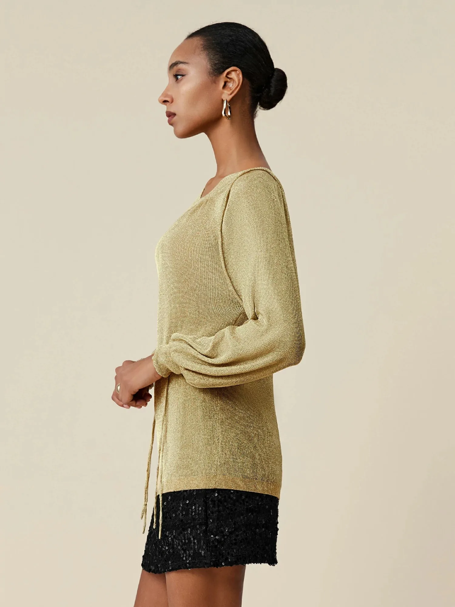 Amoretu Round Neck Long Sleeve Drawstring Glitter Top sold by Amoretu product image thumbnail 3