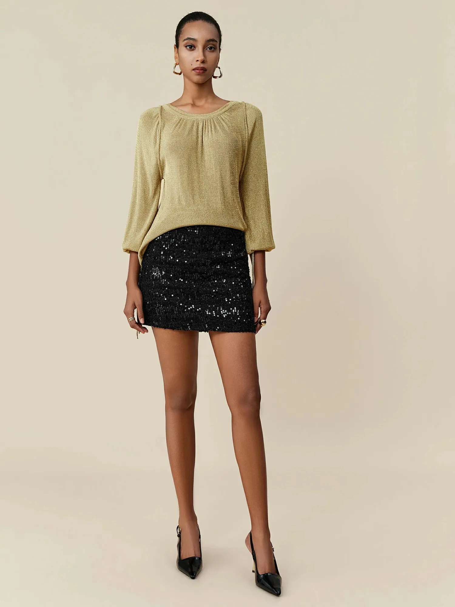 Amoretu Round Neck Long Sleeve Drawstring Glitter Top sold by Amoretu product image thumbnail 2