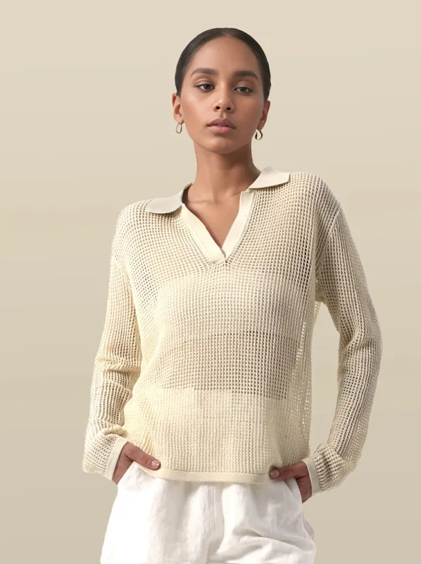 Lyocell & Linen Polo Neck Long Sleeve Cut-out Top sold by Amoretu