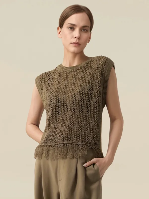 Lyocell & Silk Round Neck Sleeveless Fringe Vest sold by Amoretu