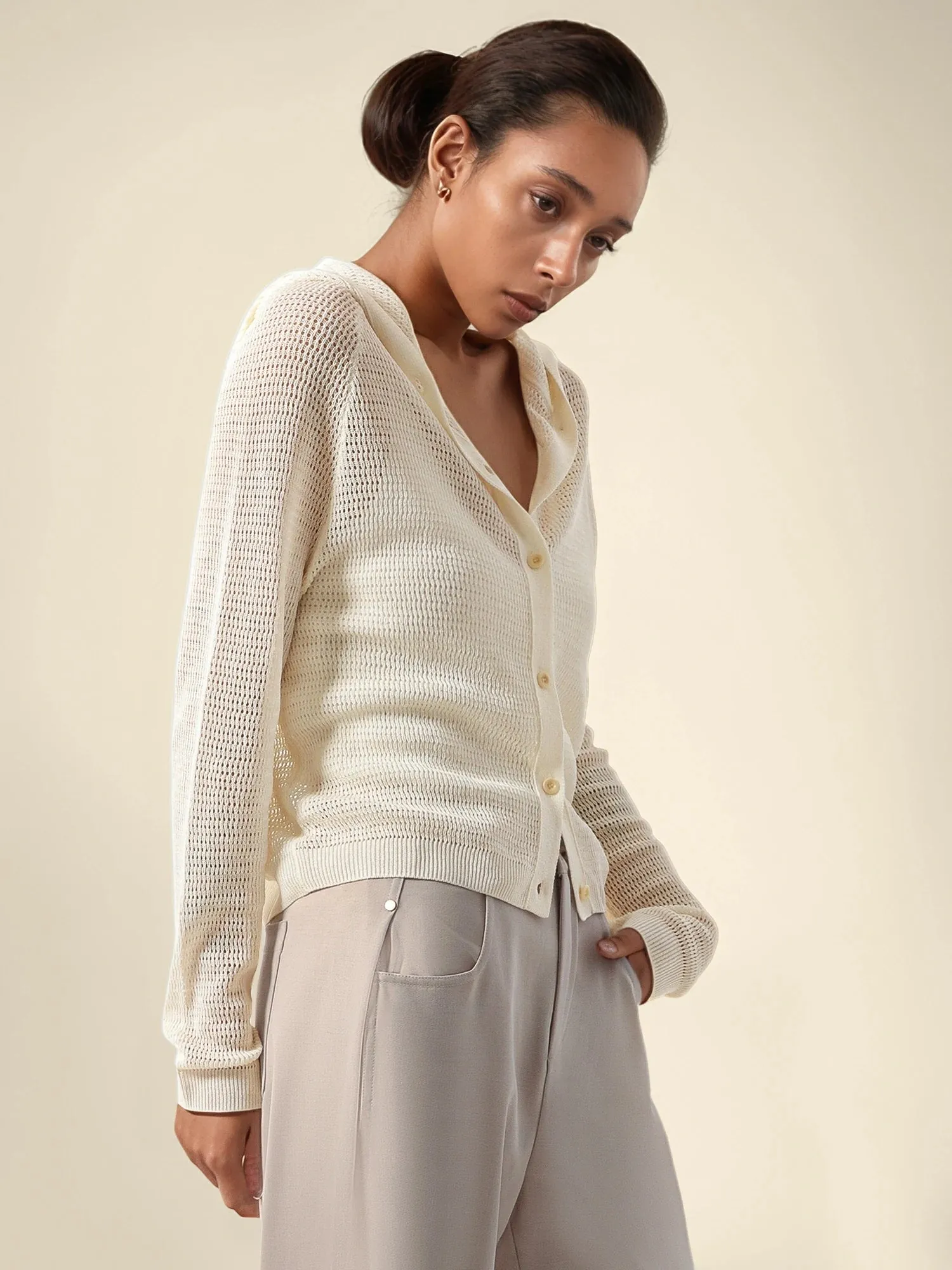 Linen & Lyocell Hooded Long Sleeve Hollow Cardigan sold by Amoretu product image thumbnail 5