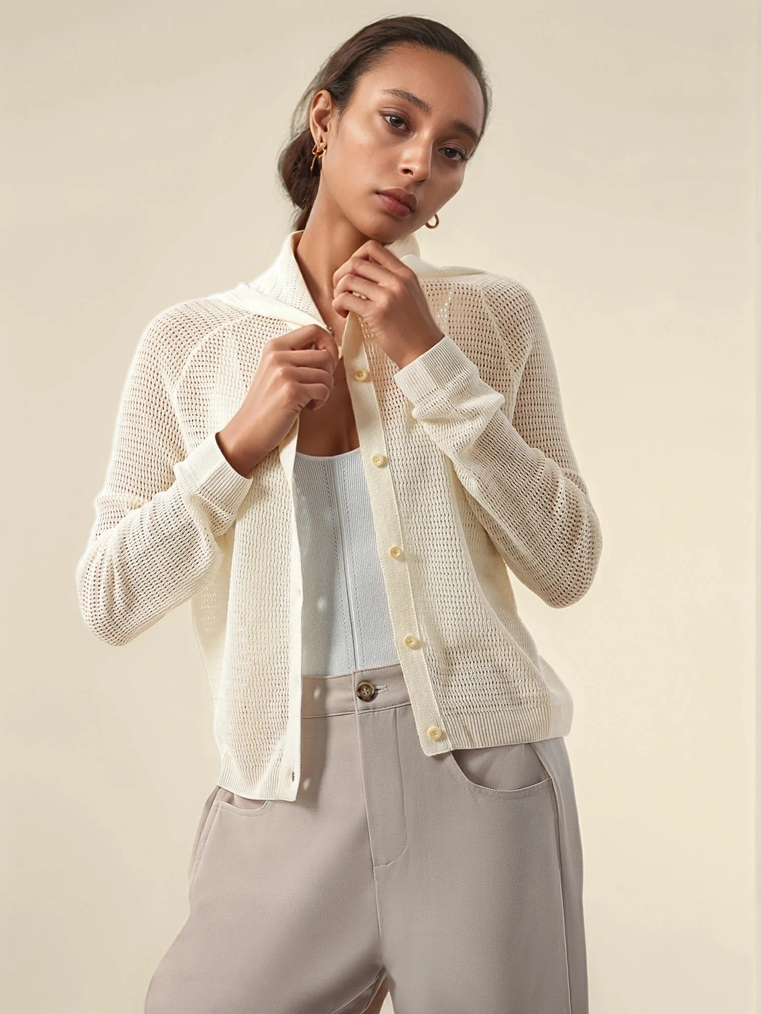 Linen & Lyocell Hooded Long Sleeve Hollow Cardigan sold by Amoretu