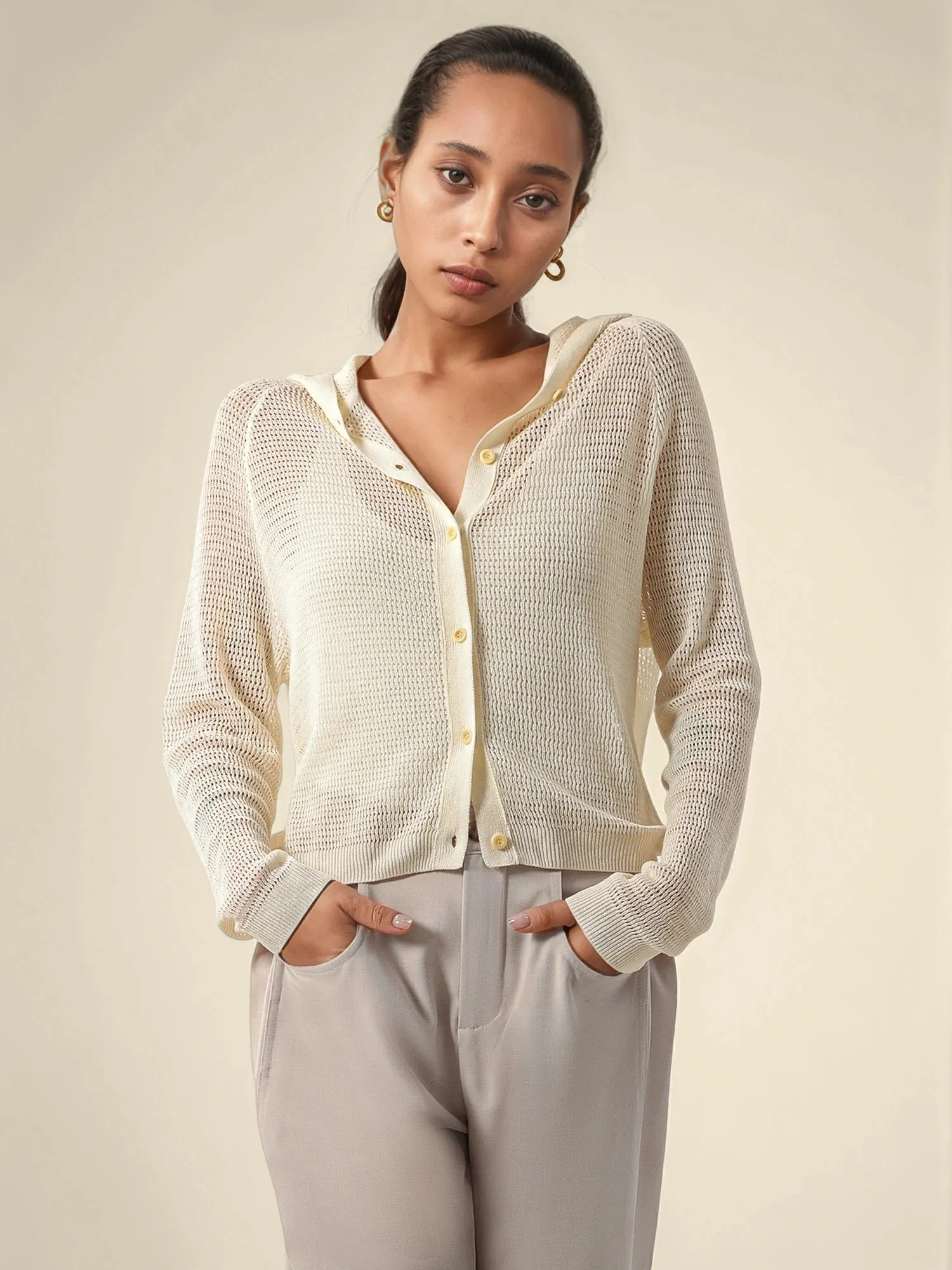 Linen & Lyocell Hooded Long Sleeve Hollow Cardigan sold by Amoretu product image thumbnail 3