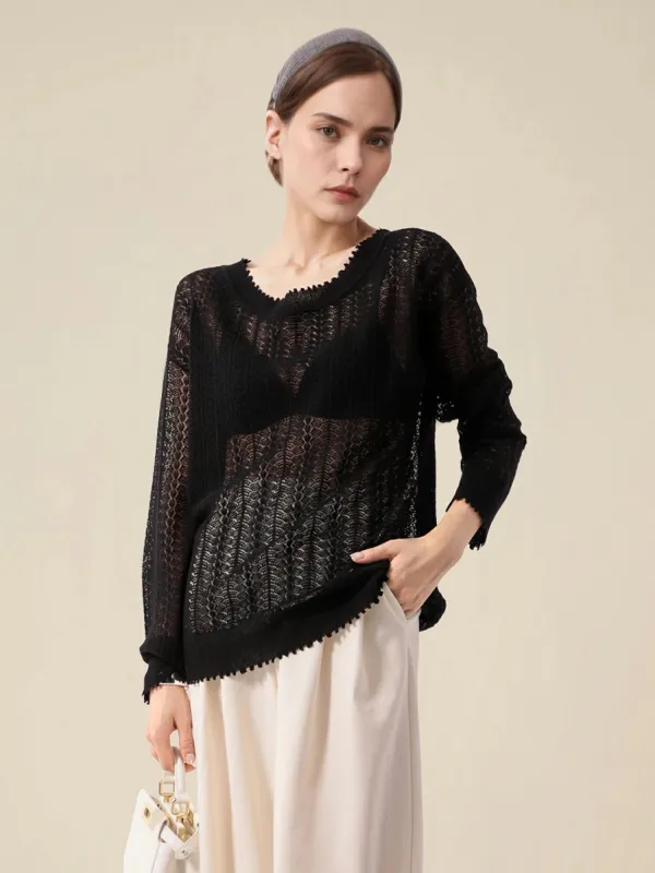 Linen & Lyocell Round Neck Hollow Top sold by Amoretu