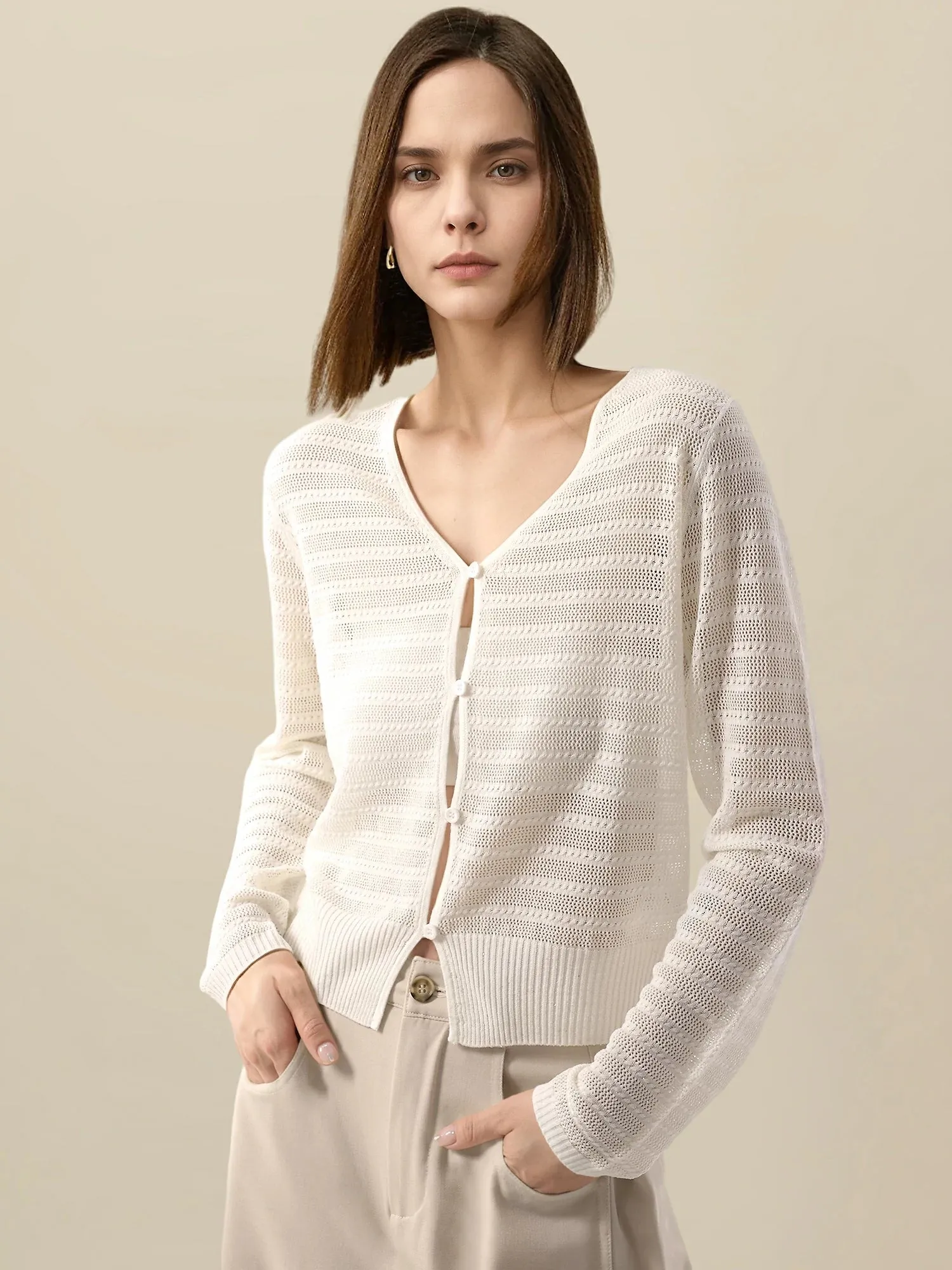 Linen & Lyocell V-Neck Long Sleeve Cardigan sold by Amoretu