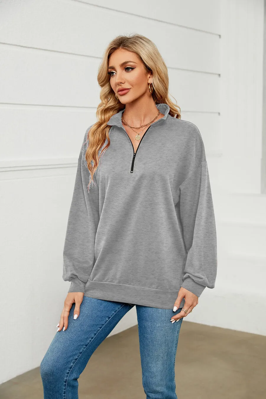 70% Cotton Oversized Half Zip Pullover Sweatshirt Quarter sold by Amoretu product image thumbnail 2