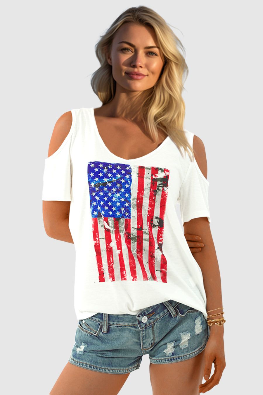 Americana Flag Print Cold Shoulder Tee sold by Amoretu