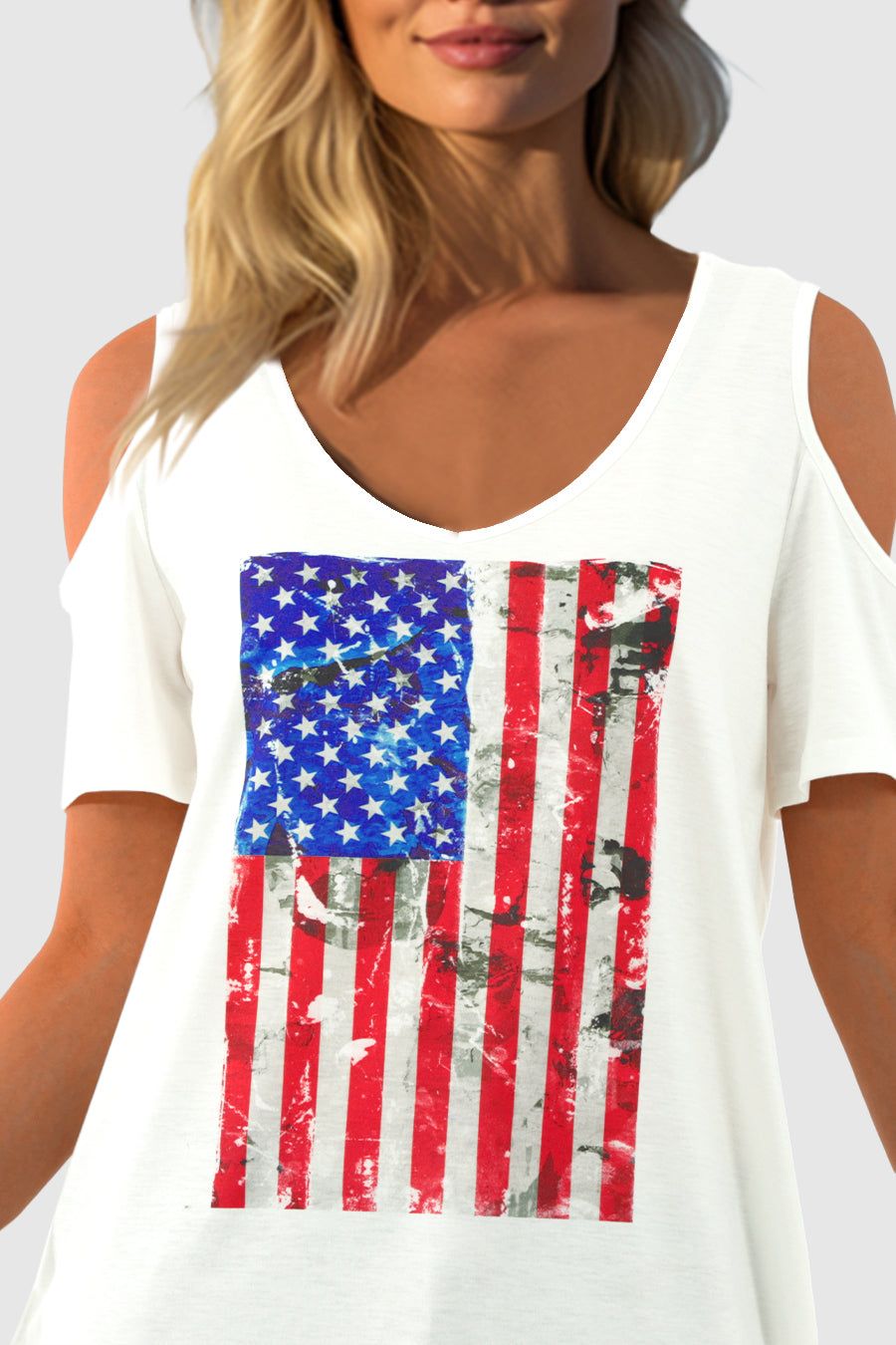 Americana Flag Print Cold Shoulder Tee sold by Amoretu product image thumbnail 2
