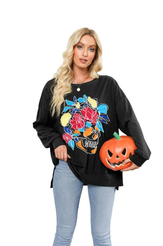 Long Sleeve Shirts Skeleton Graphic Stretchy Sweatshirts sold by Amoretu