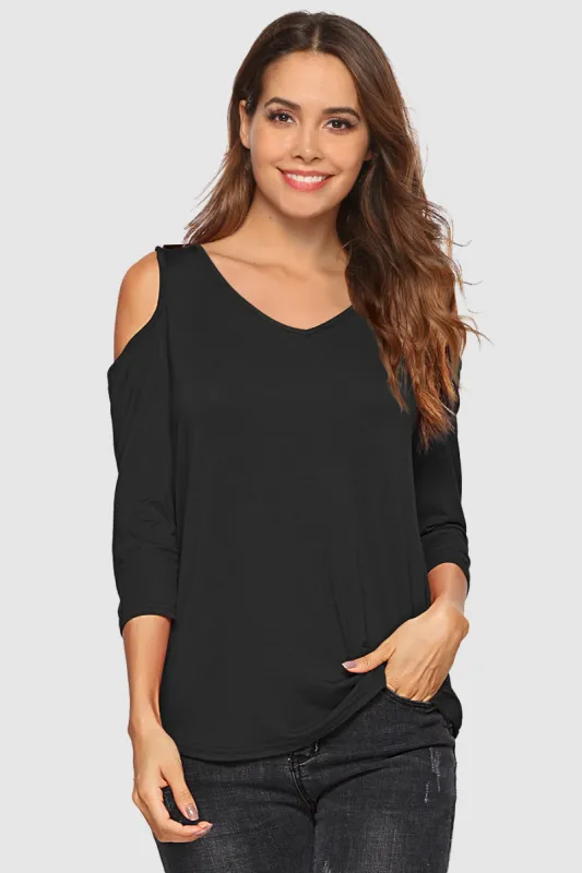 Modal 3/4 Sleeves Cold Shoulder T Shirt sold by Amoretu