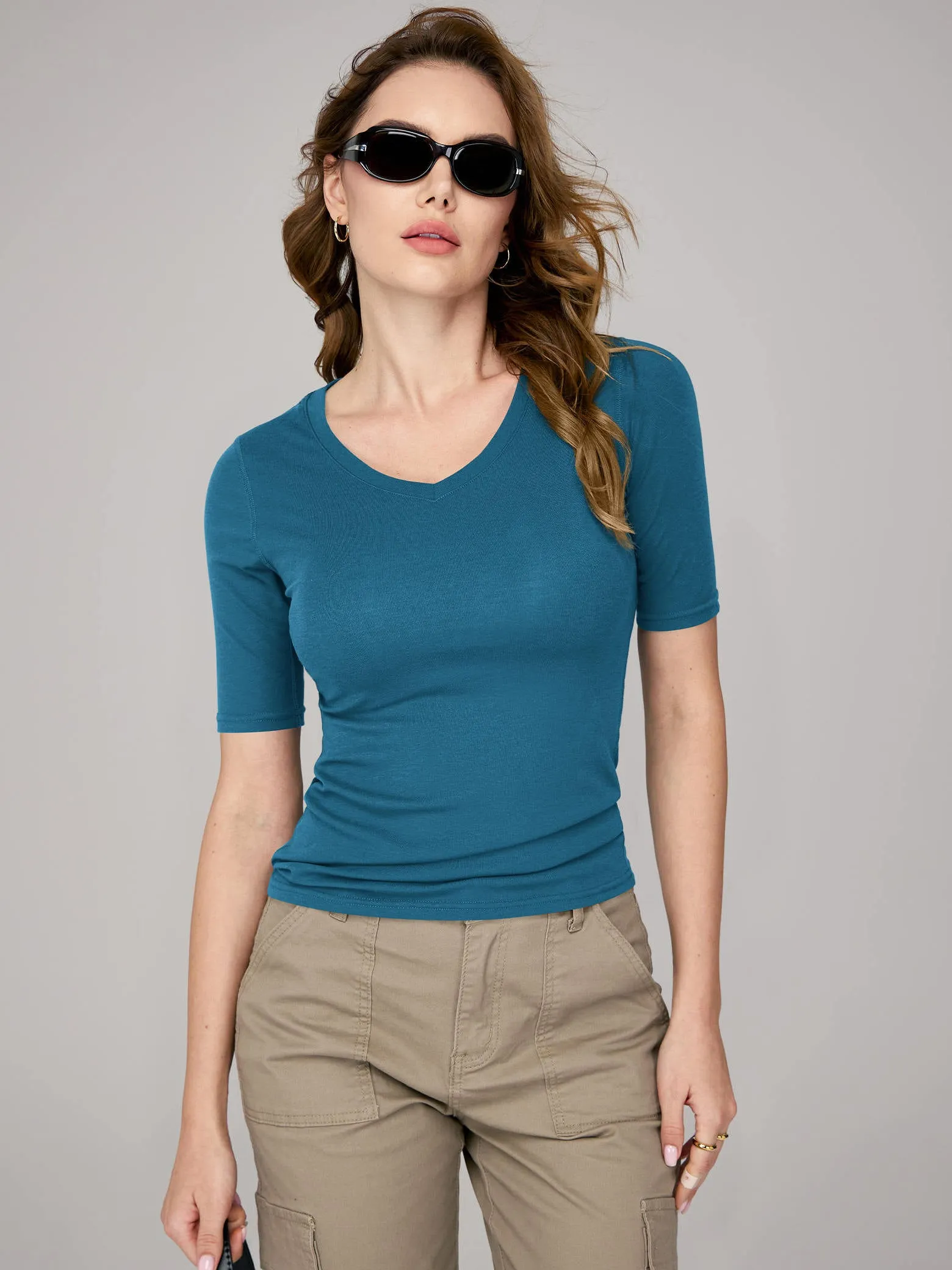 Amoretu Women's V Neck T Shirts Summer Short Sleeve Ribbed Fitted Tunic Tops Basic Tee Blouse sold by Amoretu product image thumbnail 2