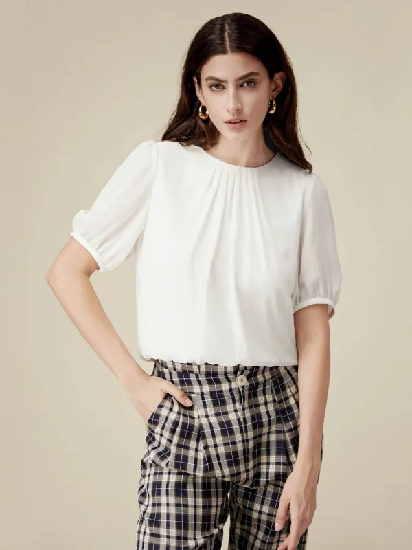 Amoretu Acetate Short Sleeve Pleated Top sold by Amoretu