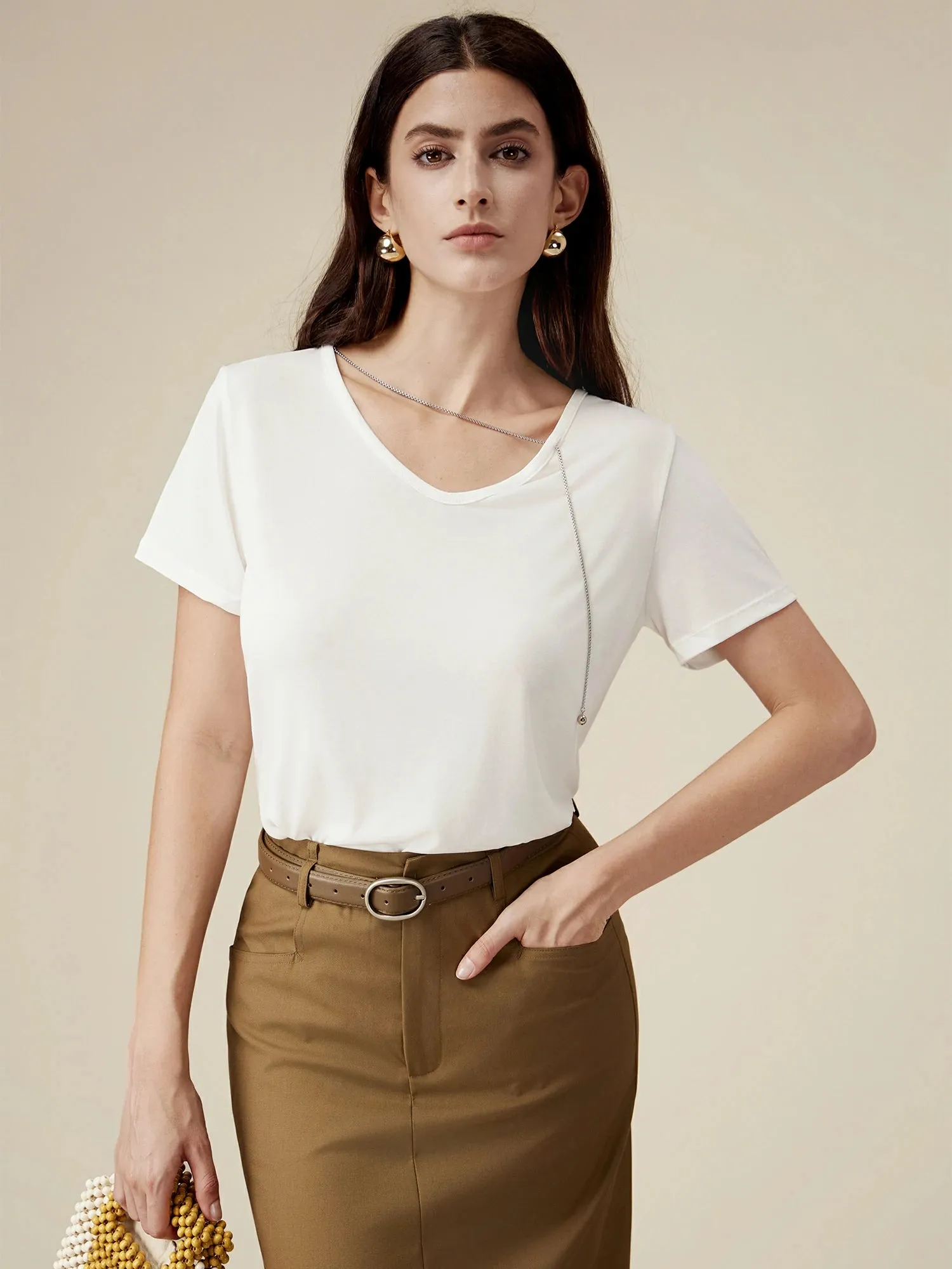 Amoretu Lyocell Embellished Chain T-Shirt sold by Amoretu