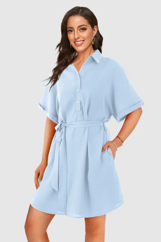short sleeve belted shirt dress with pockets sold by Amoretu