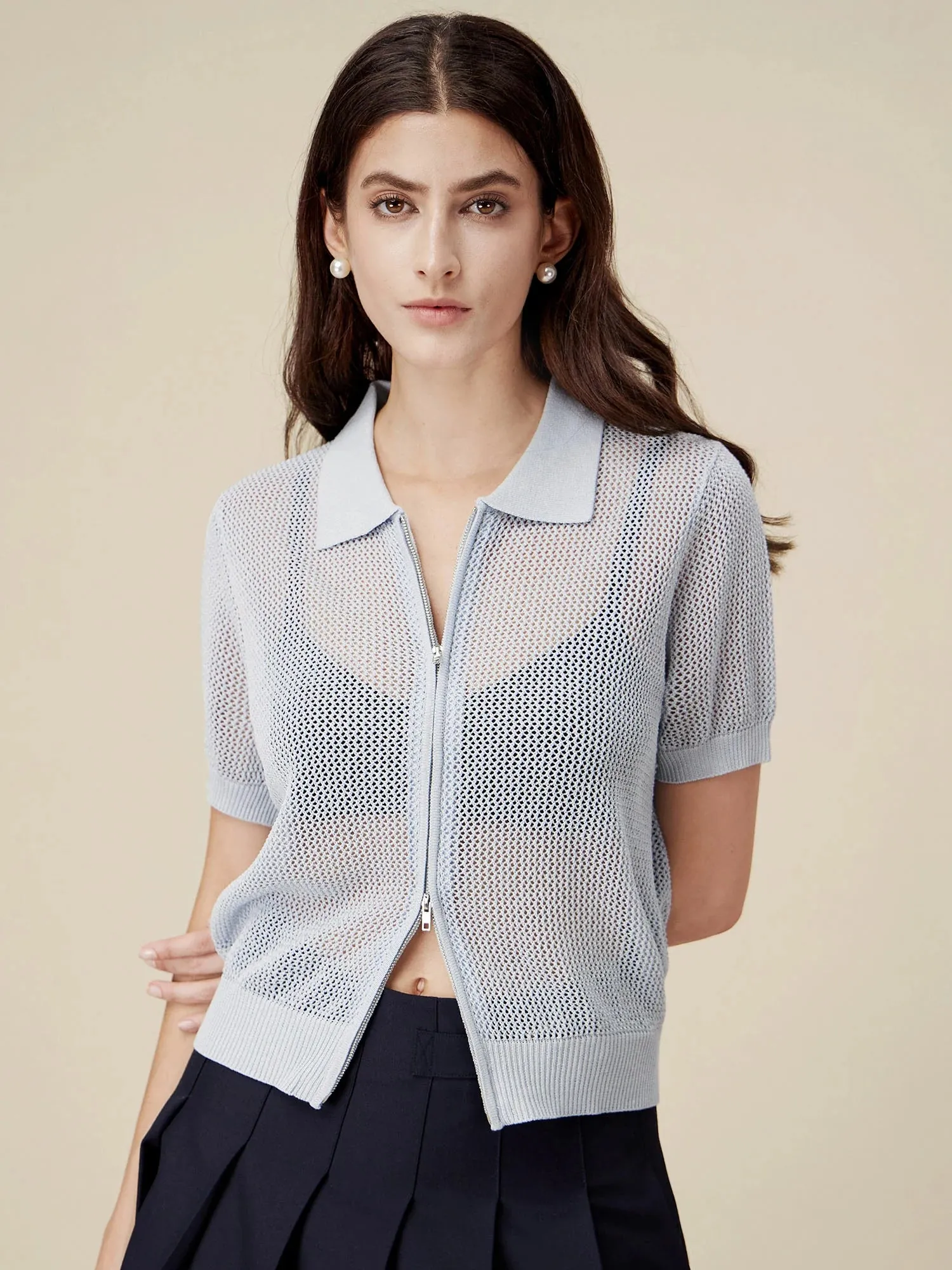 Amoretu Linen & Lyocell V-Neck Short Sleeve Zipper Hollow Out Cardigan sold by Amoretu product image thumbnail 5