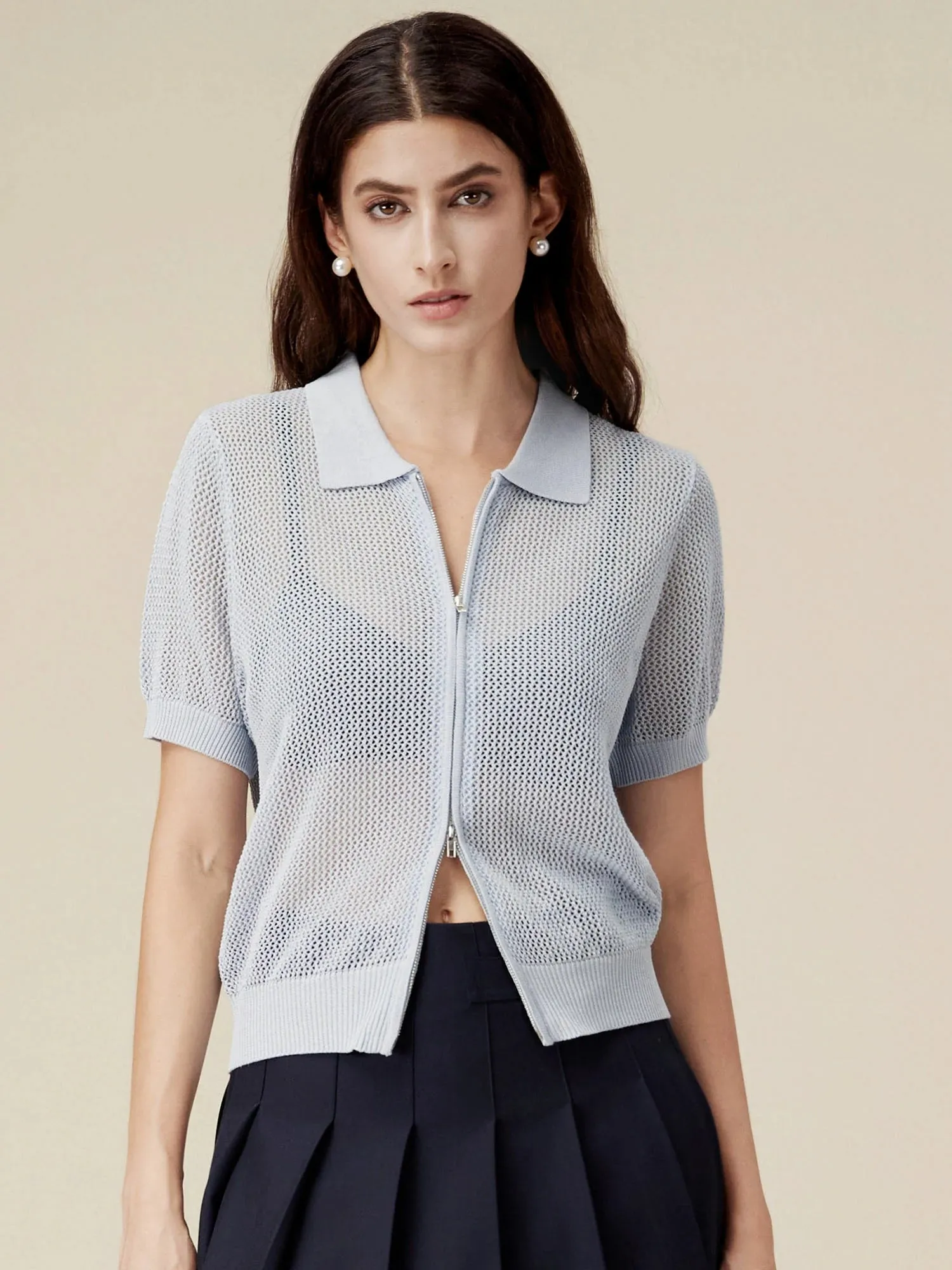 Amoretu Linen & Lyocell V-Neck Short Sleeve Zipper Hollow Out Cardigan sold by Amoretu product image thumbnail 4