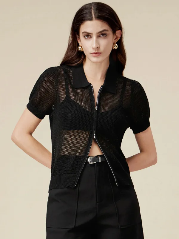 Amoretu Linen & Lyocell V-Neck Short Sleeve Zipper Hollow Out Cardigan sold by Amoretu