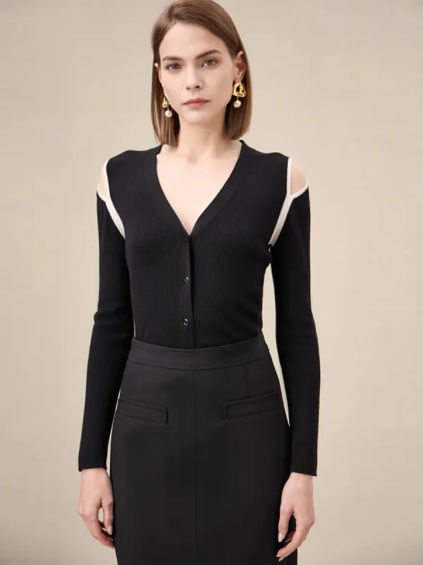 Amoretu Wool & Silk Contrasting Off Shoulder Cardigan sold by Amoretu