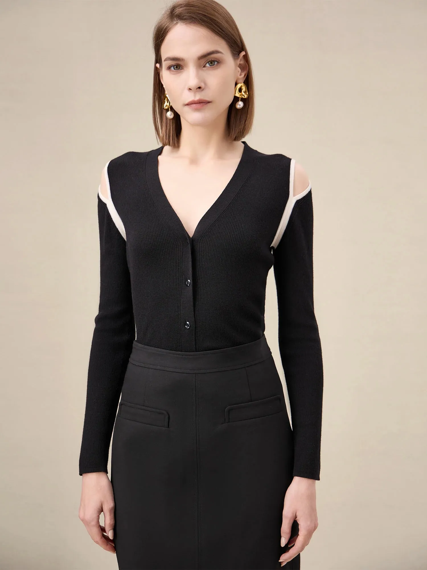 Amoretu Wool & Silk Contrasting Off Shoulder Cardigan sold by Amoretu