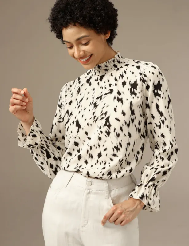 Ruffle leopard print Mock Neck Casual Top Blouse sold by Amoretu