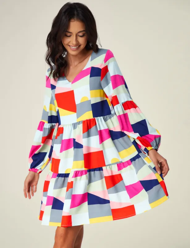 Tangram -V Neck Floral Print Tunic Shift Dress sold by Amoretu